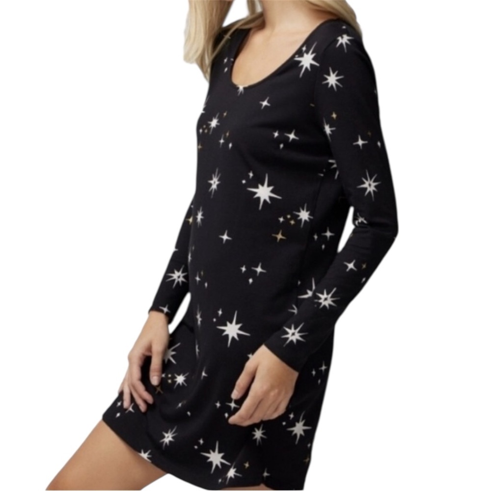 SOMA Celestial Stars Short Nightgown Long Sleeve Shirt S Black Gold